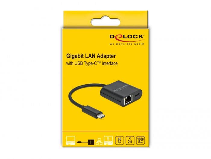 Adapter LAN Gigabit z interfejsem USB Type-C w żółtym opakowaniu. Odpowiedni do podłączania urządzeń z siecią LAN przez USB-C.