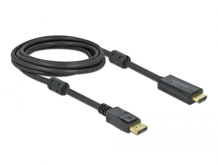 Czarny kabel DisplayPort do HDMI z wtyczkami na obu końcach. Służy do przesyłania sygnałów audio i wideo.