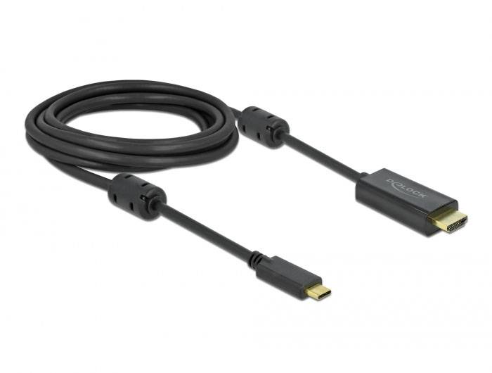 Czarny kabel HDMI z złączem USB-C. Może służyć do łączenia urządzeń z różnymi rodzajami złączy.