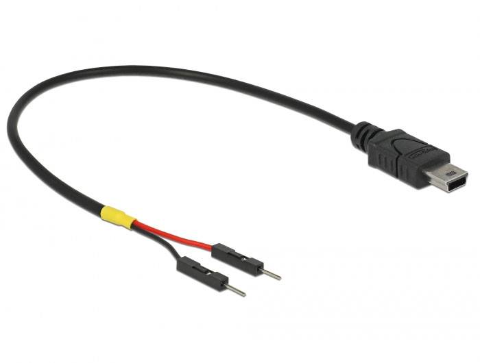 Czarny kabel z wtykiem Mini-USB na jednym końcu i dwoma odkrytymi przewodami (czerwonym i czarnym) z końcówkami przyłączeniowymi na drugim końcu.