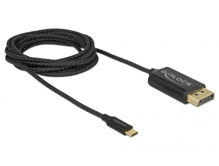 Czarny kabel DisplayPort na USB-C firmy Delock, odpowiedni do połączeń komputerowych, prezentuje oba końce: wtyk USB-C po lewej stronie, wtyk DisplayPort po prawej stronie.