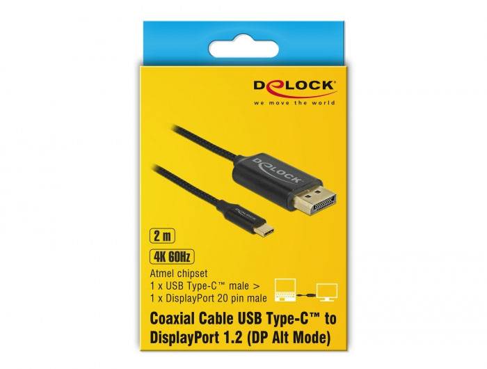 Żółte pudełko z logo Delock, prezentujące kabel koaksjalny USB Type-C do DisplayPort 1.2. Tekst: '4K 60Hz', '2 m', 'Chipset Atmel'.