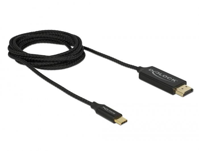 Czarny, pleciony kabel USB-C na DisplayPort firmy Delock. Kabel jest zwinięty i pokazuje złącza na obu końcach.