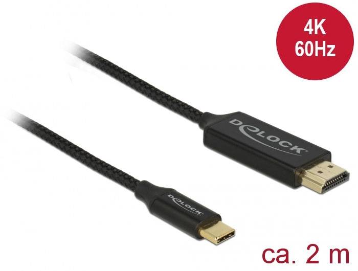 Adapter kablowy Delock USB-C na HDMI, obsługujący rozdzielczość 4K przy 60 Hz, długość około 2 metrów, czarny kabel o plecionym wzorze.