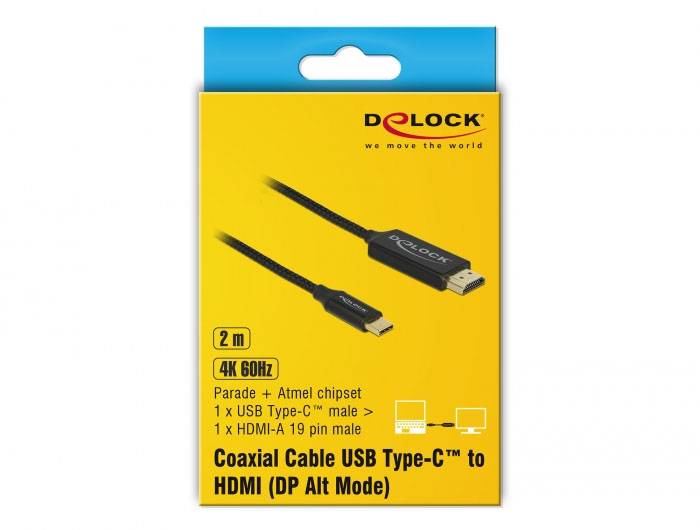 Opakowanie przewodu USB Type-C na HDMI o długości 2m, przystosowanego do rozdzielczości 4K przy 60Hz. Chipset Parade + Atmel, wtyk USB Type-C (męski) do wtyku HDMI-A 19-pinowego (męskiego).
