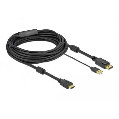Długi, czarny kabel HDMI z dwoma różnymi złączami: HDMI i USB. Odpowiedni do podłączania urządzeń.