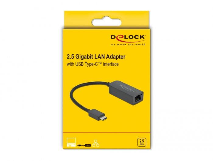 Żółte opakowanie adaptera LAN o przepustowości 2,5 Gigabit z złączem USB-C, marka D-LOOCK. Zdjęcie adaptera z przewodem.