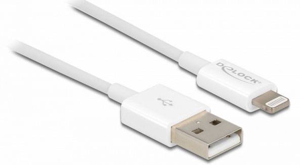 Białe przewód USB-Lightning przebiegający od lewej do prawej strony, z wtyczką USB po lewej stronie i wtyczką Lightning po prawej stronie.
