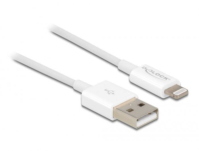 Białe przewód USB do Lightning, odpowiedni do ładowania i synchronizacji urządzeń Apple.