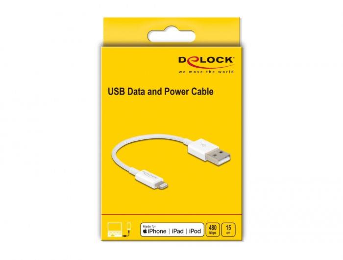 Kabel do przesyłu danych i ładowania USB w żółtym opakowaniu, kompatybilne z iPhone'em, iPadem i iPodem. Długość 15 cm, prędkość 480 Mb/s.