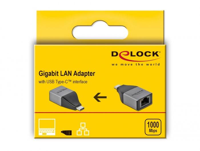 Adapter LAN Gigabit DELOCK z interfejsem USB Type-C, na żółtym opakowaniu. Ilustracje adaptera. Tekst: '1000 Mbps'.