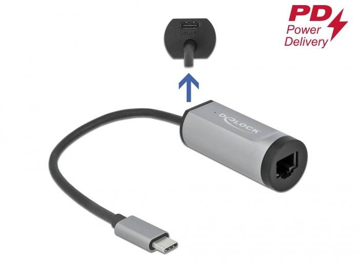 Adapter z interfejsami USB-C i Ethernet, obsługujący technologię Power Delivery.