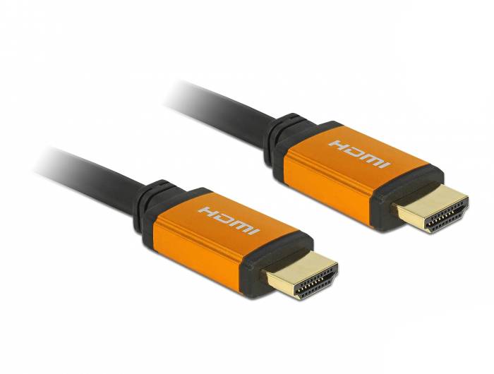 Dwa kable HDMI z pomarańczowymi wtyczkami ułożone obok siebie.