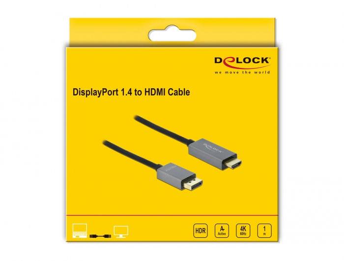 Żółte opakowanie kabla DisplayPort 1.4 do HDMI marki Delock. Funkcje: HDR, 4K, Active. Opakowanie przedstawia zdjęcie kabla.
