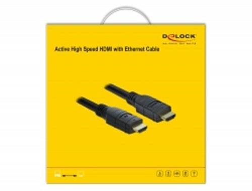 Dwa czarne kable HDMI na żółtym tle, oznaczone jako 'Aktywny przewód HDMI High Speed z Ethernetem', marka nieznana.