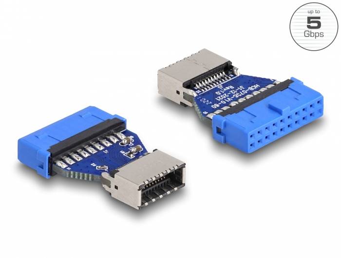 Dwa niebieskie adaptery USB 3.0 z odkrytymi stykami, przystosowane do transmisji danych o prędkości do 5 Gbps.