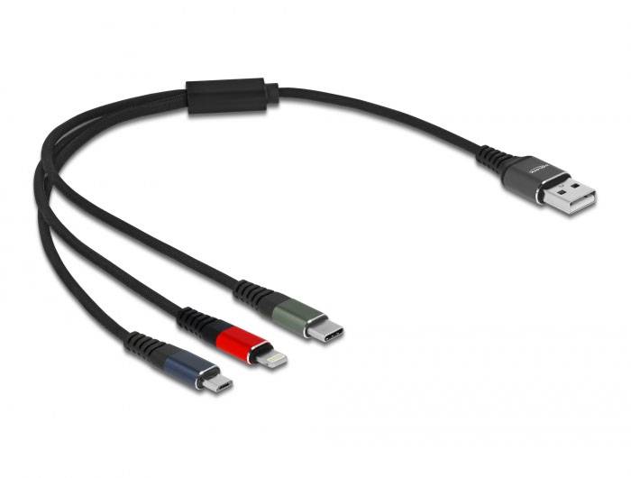 Kabel USB z czterema złączami: Micro-USB, Lightning, USB-C oraz standardowy wtyk USB-A. Odpowiedni do różnych urządzeń.