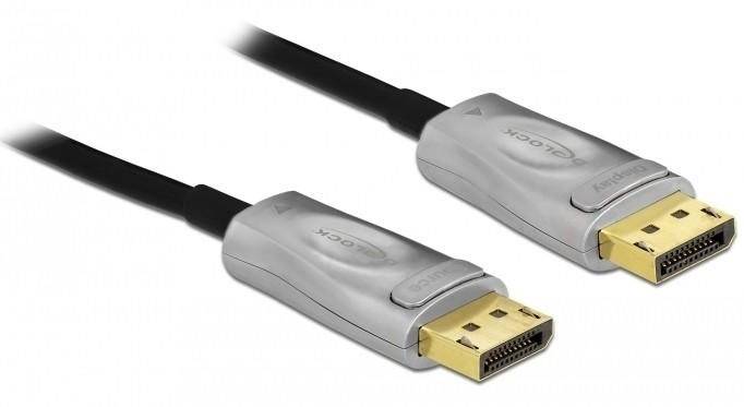 Dwa srebrne kable DisplayPort ze złotymi złączami, ułożone obok siebie na białym tle.