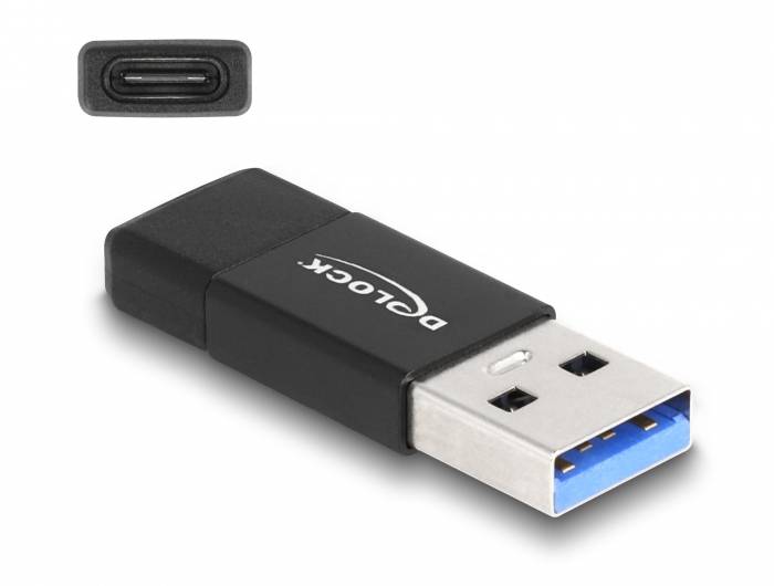 Adapter USB firmy Delock z wtyczką USB-A i gniazdem USB-C. Służy do podłączania urządzeń USB-C do portów USB-A.