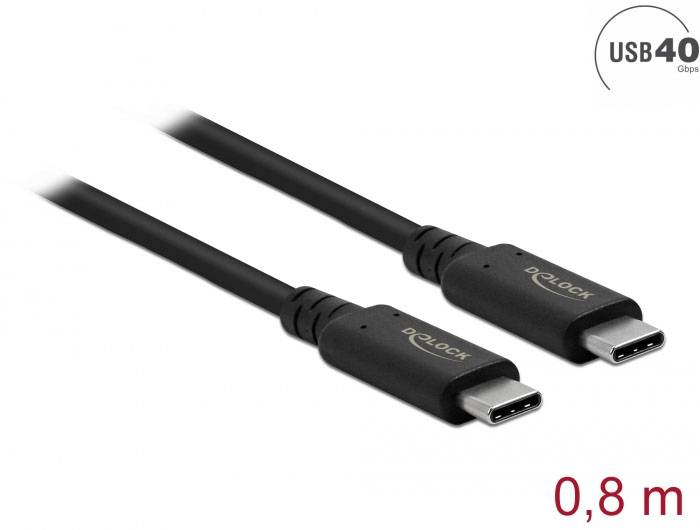 Czarny kabel USB 4.0, długość 0,8 metra, oznaczony napisem 'USB4 40Gbps'. Widoczne dwa złącza USB-C.