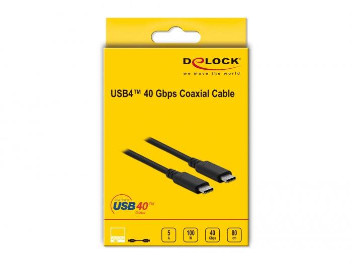 Żółte opakowanie kabla 'USB4™ 40 Gbps Coaxial Cable' firmy DeLock. Ilustracja przedstawia dwa czarne kable USB-C o długości 80 cm.