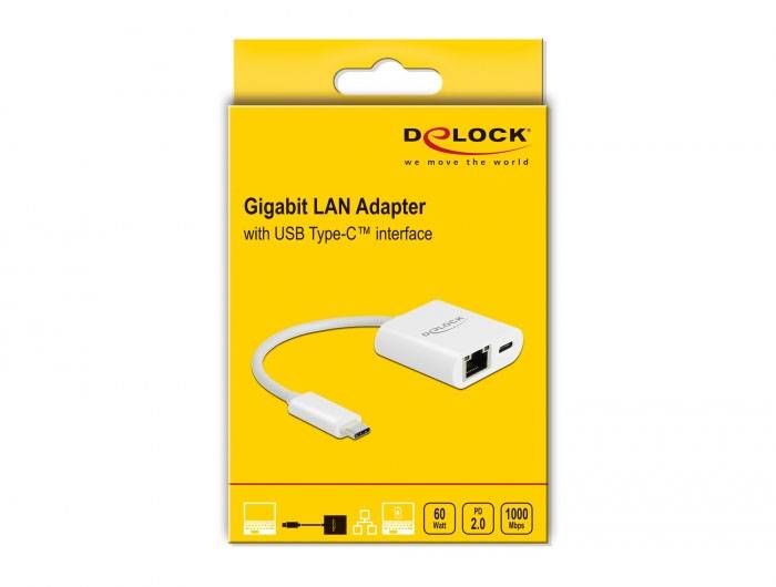Żółty projekt opakowania adaptera LAN Gigabit z interfejsem USB Type-C firmy DELOCK. Na opakowaniu przedstawiono kabel i złącze.