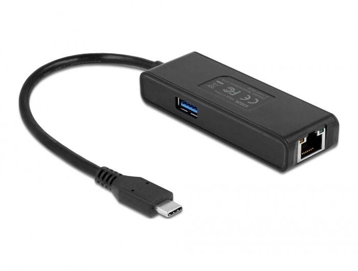 Adapter USB-C z wbudowanym portem Ethernet i złączem USB, przeznaczony do podłączenia do nowoczesnych laptopów i sieci.