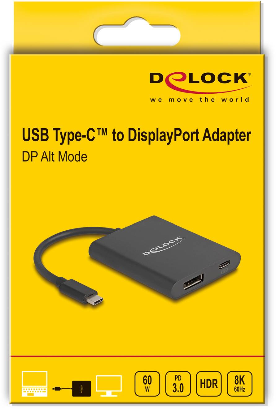 Opakowanie adaptera 'Delock' USB Type-C na DisplayPort, obsługujący 8K przy 60Hz, PD 3.0 i HDR. Na zdjęciu przedstawiono adapter.