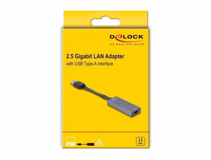 Adapter LAN 2,5 Gigabit z interfejsem USB Typ-A. Żółte opakowanie, marka 'Delock', ilustracja adaptera, odpowiedni do połączeń sieciowych.