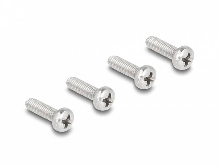 Cztery srebrne wkręty krzyżowe ułożone w rzędzie na białym tle.