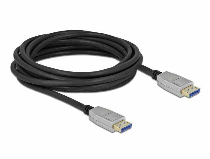 Czarny kabel DisplayPort z wtyczkami na obu końcach, odpowiedni do podłączania monitorów do komputerów lub laptopów.