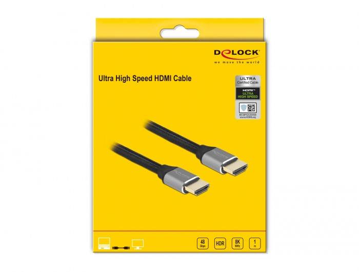 Żółty projekt opakowania przewodu HDMI 'Ultra High Speed HDMI Cable' firmy Delock, prezentujący dwa przewody HDMI z czarnym oplotem i srebrnymi złączami.