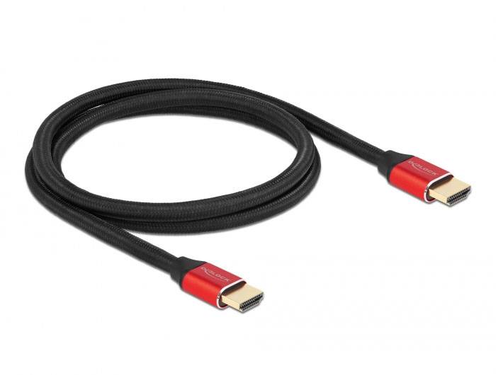 Czarny kabel HDMI z czerwonymi złączami.