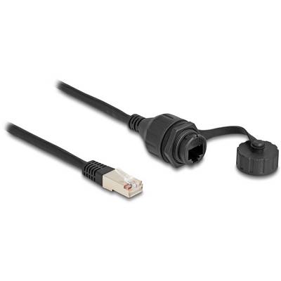 Czarny kabel Ethernet z wtykiem RJ45 i wodoszczelną zaślepką, przeznaczony do pracy w trudnych warunkach środowiskowych.
