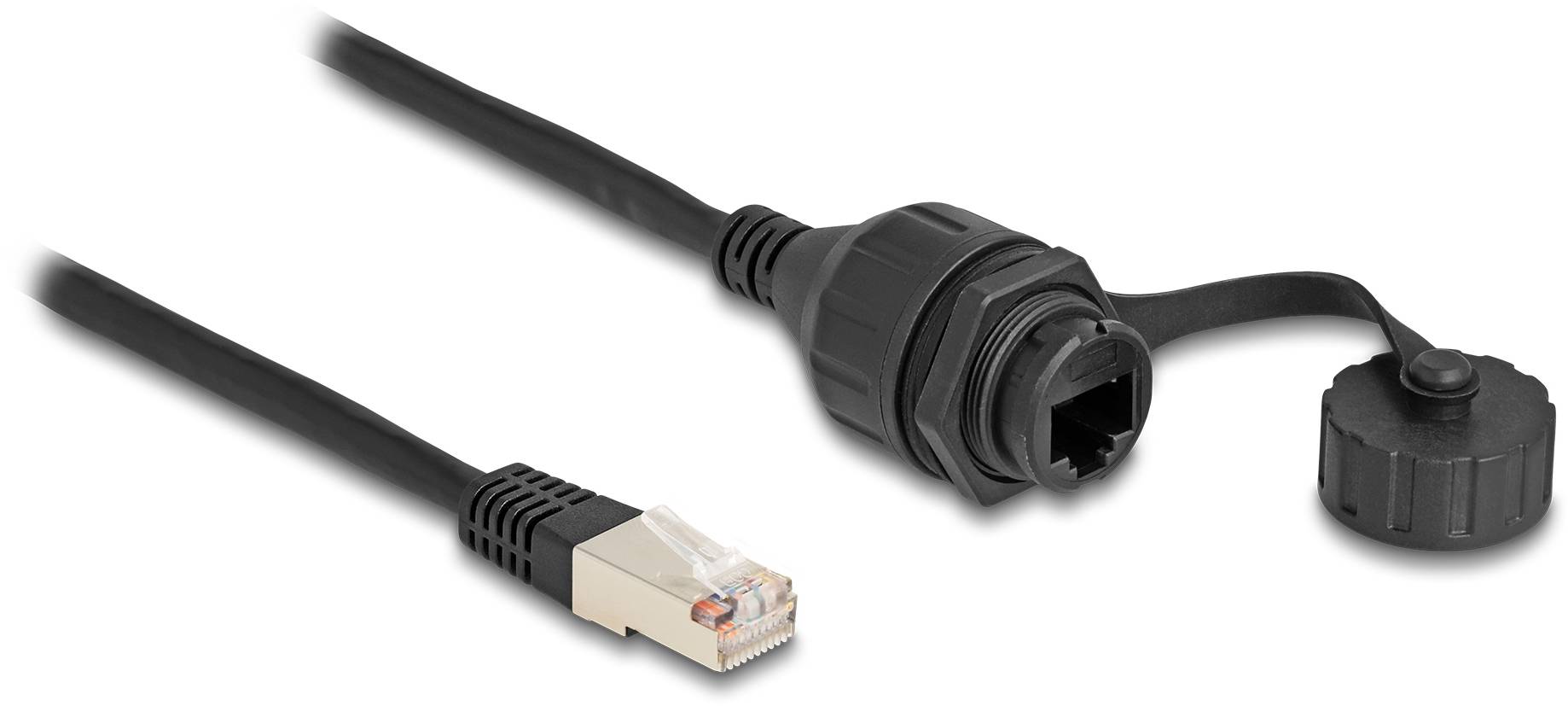 Dwa kable sieciowe: po lewej klasyczny kabel Ethernet RJ-45, po prawej wodoodporny kabel IP67 z zdejmowalną zaślepką ochronną.
