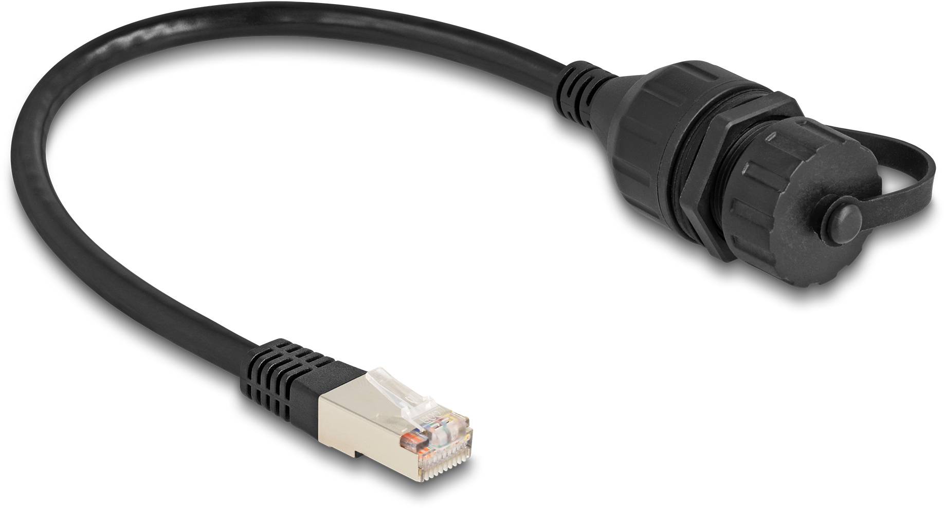 Kabel Ethernet z wtykiem RJ45 z jednej strony i wodoszczelnym zamknięciem z drugiej. Odpowiednie do zastosowań na zewnątrz.