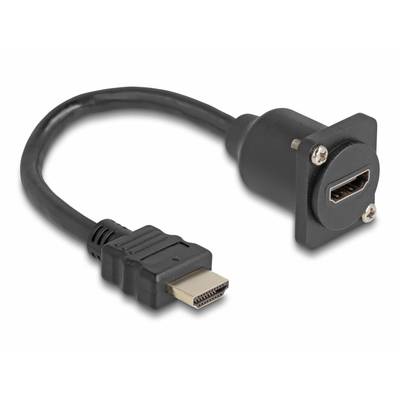 Czarny kabel HDMI z wtyczką męską po lewej stronie oraz gniazdem żeńskim, nadającym się do zamocowania na powierzchni.