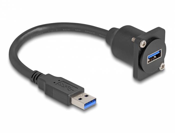 Przedłużacz USB z wtyczką USB-A po jednej stronie i gniazdem USB-A na płytce montażowej po drugiej stronie.