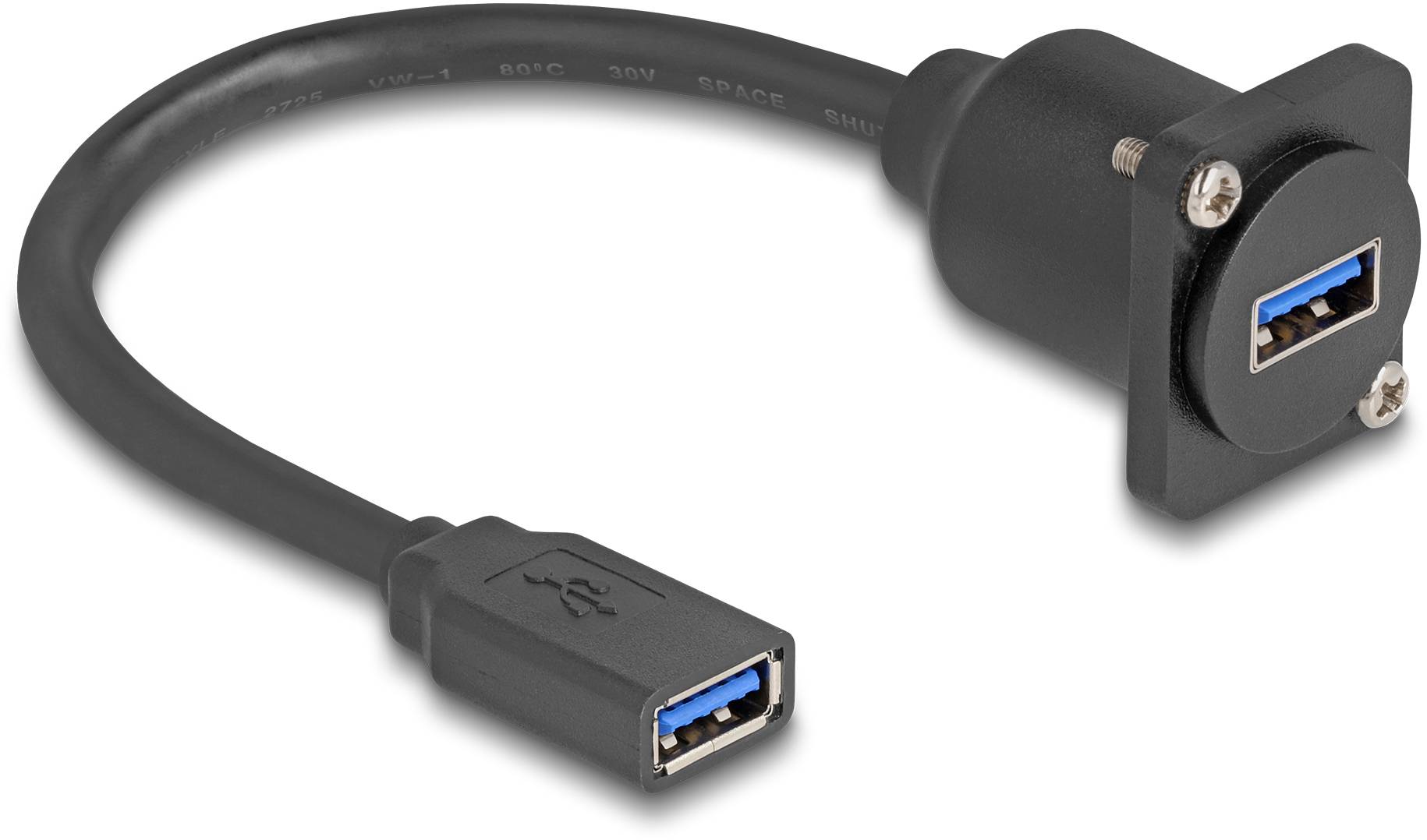Czarny kabel przedłużający USB z wtyczką USB-A po jednej stronie i gniazdem USB-A w podstawce montażowej po drugiej stronie.