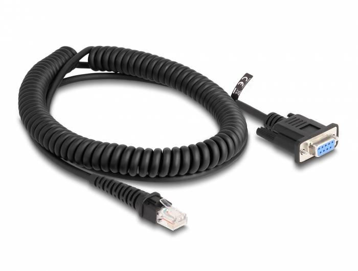Czarny kabel spiralny z wtyczką VGA po jednej stronie i wtyczką Ethernet po drugiej stronie.