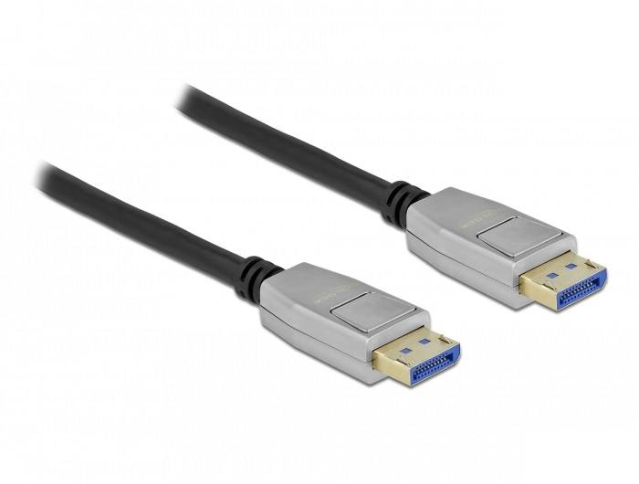 Dwa wtyki kabla DisplayPort w srebrnej obudowie ze złotymi stykami, połączone czarnym przewodem.
