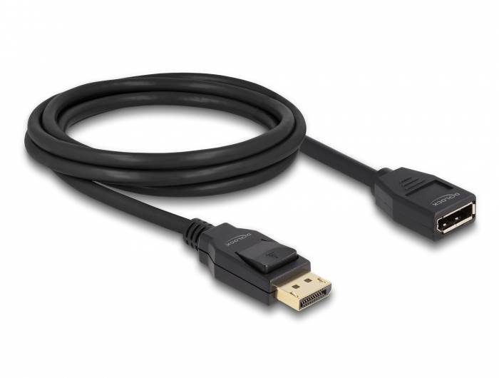 Czarny kabel DisplayPort z wtyczką i gniazdem, odpowiedni do łączenia komputerów z monitorami lub innymi urządzeniami.