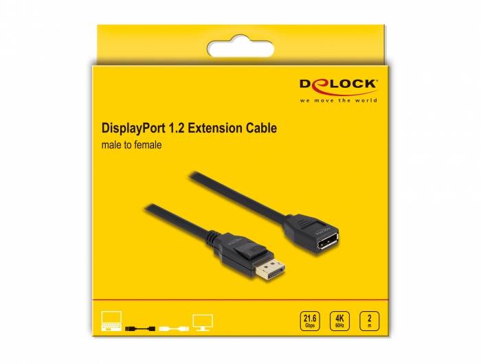 Przedłużacz DisplayPort 1.2 'wtyk-gniazdo', żółte opakowanie, przedstawiający dwa końce kabla, obsługujący 4K, długości 2 metrów.