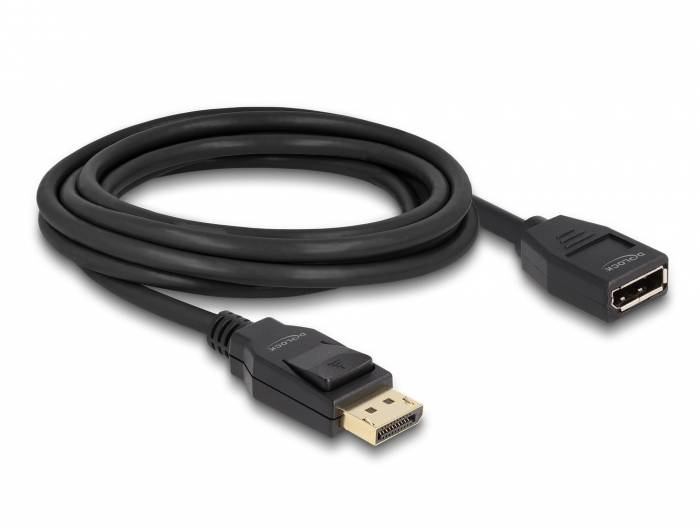 Czarny kabel DisplayPort z wtyczką i gniazdem, używany do podłączania komputerów i monitorów.
