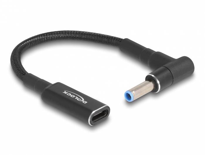 Adapter USB-C do prądu stałego z wtyczką kątową, odpowiedni dla laptopów i urządzeń multimedialnych.
