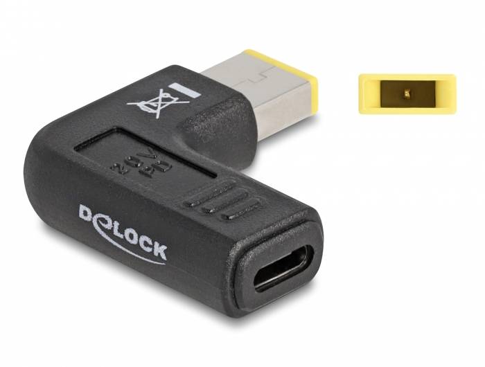 Adapter 'Delock' z czarną obudową i złączem USB-C, pod kątem 90 stopni do laptopów Lenovo Slim-Tip.