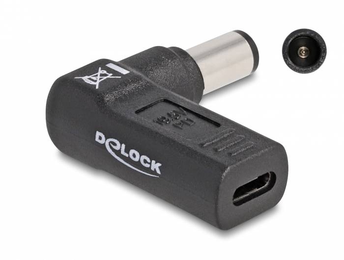 Adapter Delock: Adapter kątowy z gniazdem USB-C i złączem prądowym. Odpowiedni do konwersji formatów podłączeniowych.