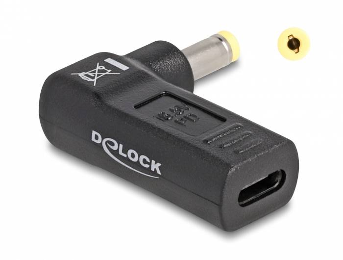 Czarny adapter USB-C na DC z okrągłą wtyczką i logo DELock, przeznaczony do łączenia urządzeń z różnymi złączami.