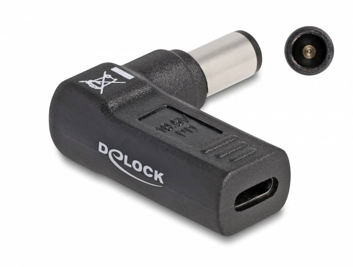 'Adapter Delock, gniazdo USB-C na wtyk DC, 5,5 x 2,1 mm, czarny. Adapter przedstawia boczny wtyk DC i wejście USB-C.'
