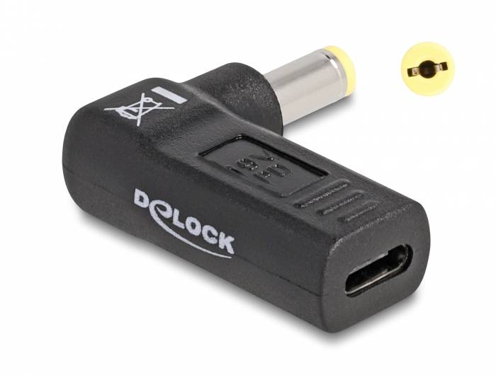 Adapter z gniazdem USB-C i wtyczką cylindryczną, szkic widoku bocznego w kolorze żółtym.